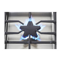 36 Inch Gas Cooktop with 5 Star® Burners, 18,000 BTU Center Burner, Continuous Cast Iron Grates, QuickClean Base®, Electronic Re-Ignition, Sealed Burners, Stainless Steel Surface, and Knob Controls.