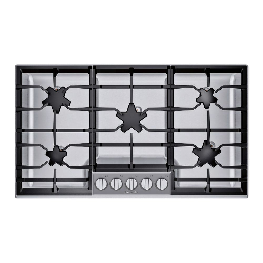 36 Inch Gas Cooktop with 5 Star® Burners, 18,000 BTU Center Burner, Continuous Cast Iron Grates, QuickClean Base®, Electronic Re-Ignition, Sealed Burners, Stainless Steel Surface, and Knob Controls.