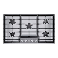 36 Inch Gas Cooktop with 5 Star® Burners, 18,000 BTU Center Burner, Continuous Cast Iron Grates, QuickClean Base®, Electronic Re-Ignition, Sealed Burners, Stainless Steel Surface, and Knob Controls.
