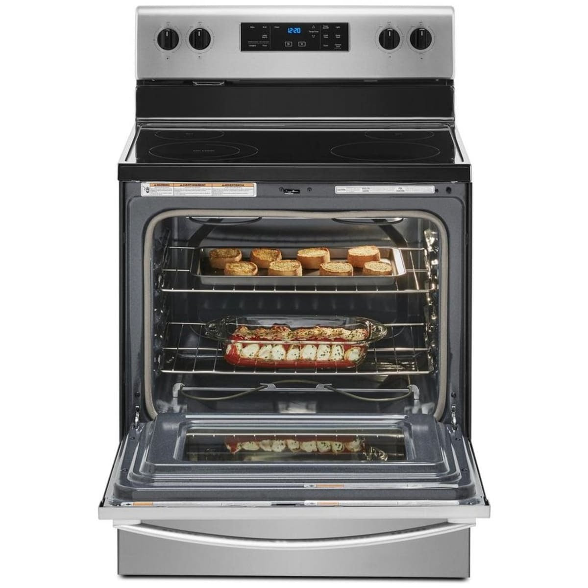30 Inch Freestanding Electric Range with FlexHeat™, Frozen Bake™ Technology, Adjustable Self-Cleaning, SpillGuard™ Cooktop, Keep Warm Setting, Temperature Sensor, Closed Door Broiling, Warm Zone Element, Control Lock, 5.3 cu. ft. Capacity