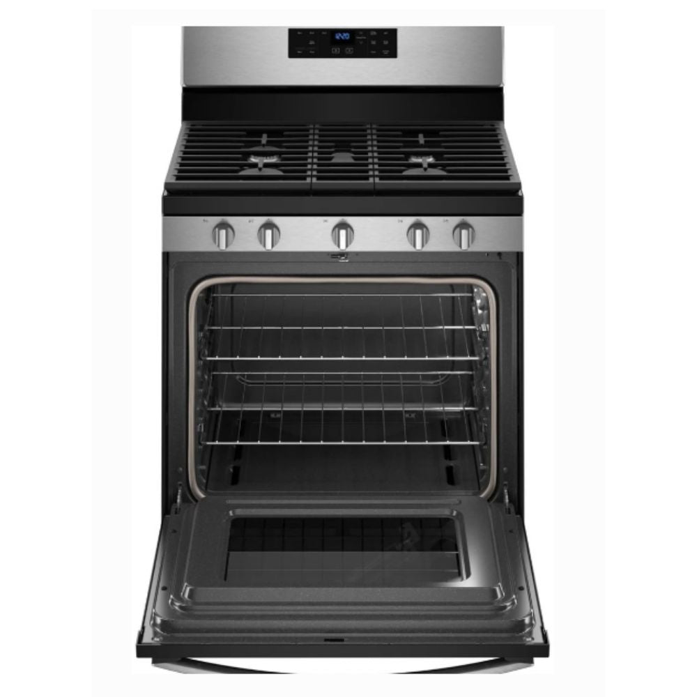 30 Inch Freestanding Gas Range with 5 Sealed Burners, 5.0 cu. ft. Oven Capacity, Porcelain Coated Steel Cooktop, Self-Clean Function, Knobs & Touch Controls, Fingerprint Resistant Stainless Steel