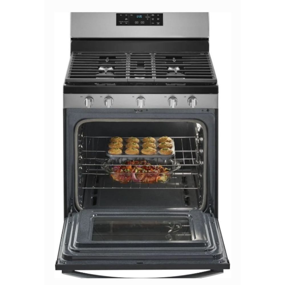 30 Inch Freestanding Gas Range with 5 Sealed Burners, 5.0 cu. ft. Oven Capacity, Porcelain Coated Steel Cooktop, Self-Clean Function, Knobs & Touch Controls, Fingerprint Resistant Stainless Steel