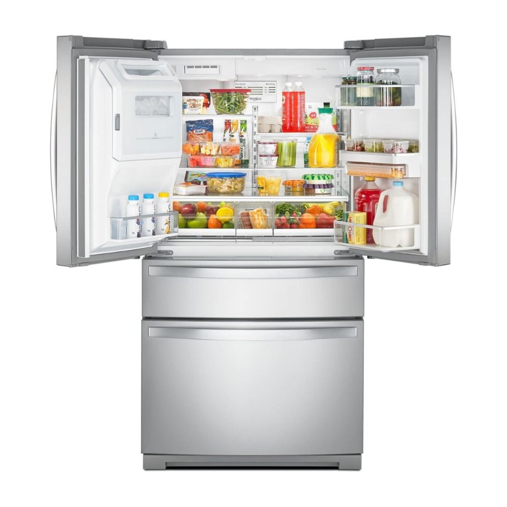 Whirlpool WRMF7736PZ – 36‑Inch French‑Door Refrigerator with 26.2 Cu. Ft. Capacity, Dual Cooling System, Frameless Glass Shelves, Adjustable/Sliding “Tuck” Shelf, Fingerprint‑Resistant Stainless Steel Finish, Exterior Ice and Water Dispenser.